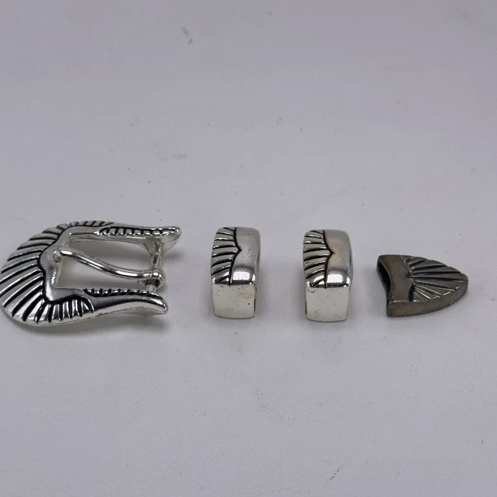 Vintage Western Ranger Belt Buckle Set 4 Pc Sunburst Silver Tone Taiwan ROC 3/4